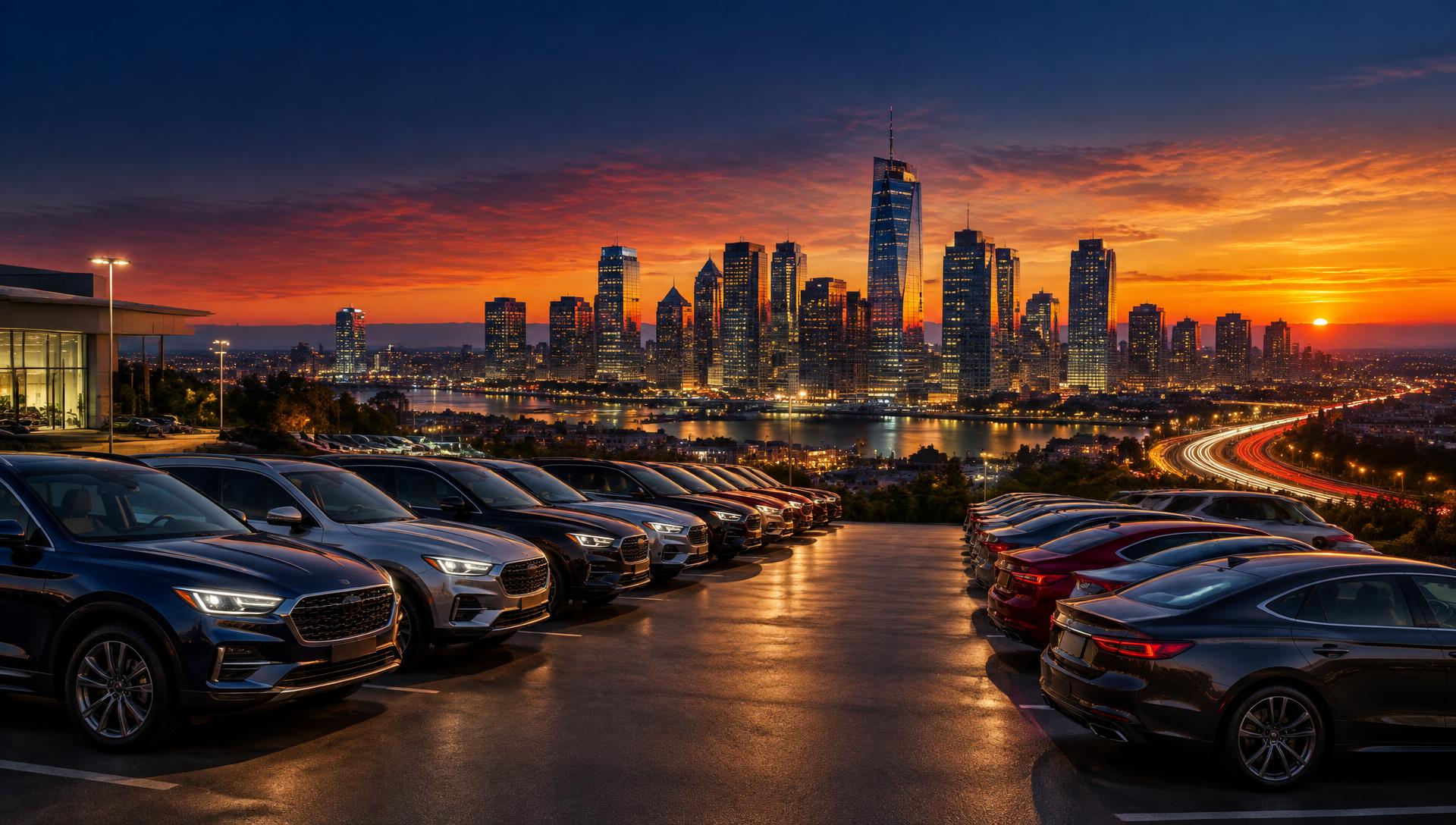 City skyline at sunset seen from a dealership lot full of cars
